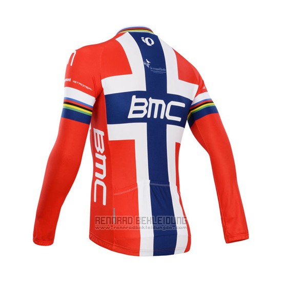 2014 Fahrradbekleidung BMC Champion Norwegen Blau und Rot Trikot Langarm und Tragerhose